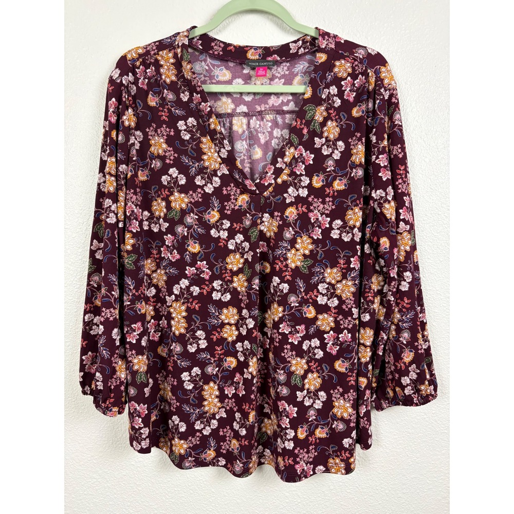 Vince Camuto Women XL Burgundy Floral V Neck 3/4 Sleeve Blouse Stretch Fall Boho